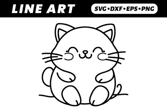 Adorable Cartoon Cat Line Art for Embroidery
