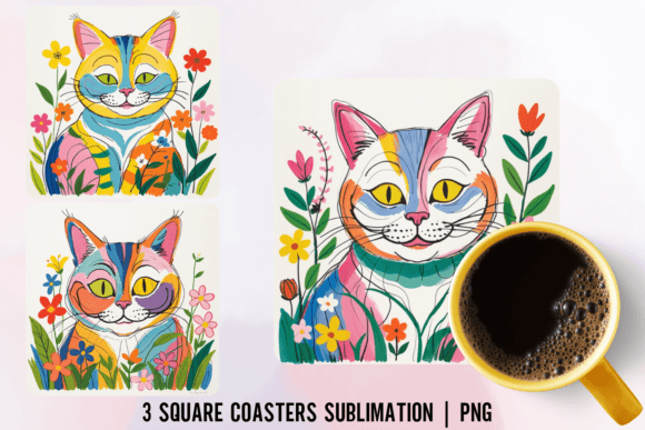 Colorful Cat in Floral Garden Coaster
