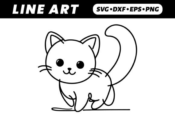 Cute Cartoon Cat Line Art for Embroidery